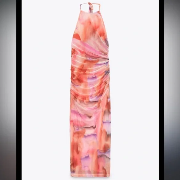 Zara Pink Tie Dye Mesh Halter Ruched Bodycon Midi Dress - Picture 1 of 6